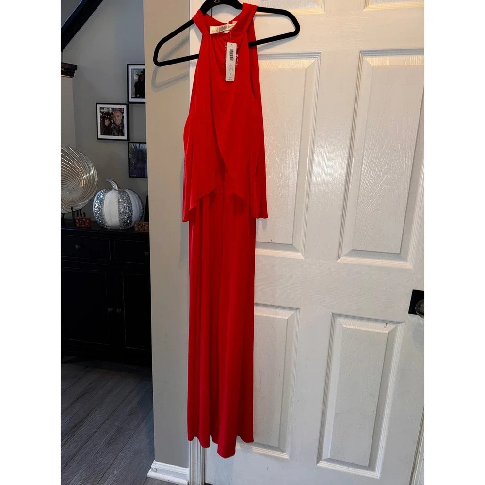 Chico's Red Halter Neck Overlay‎ Jumpsuit Wide Leg Size 1 NWT - Picture 2 of 11